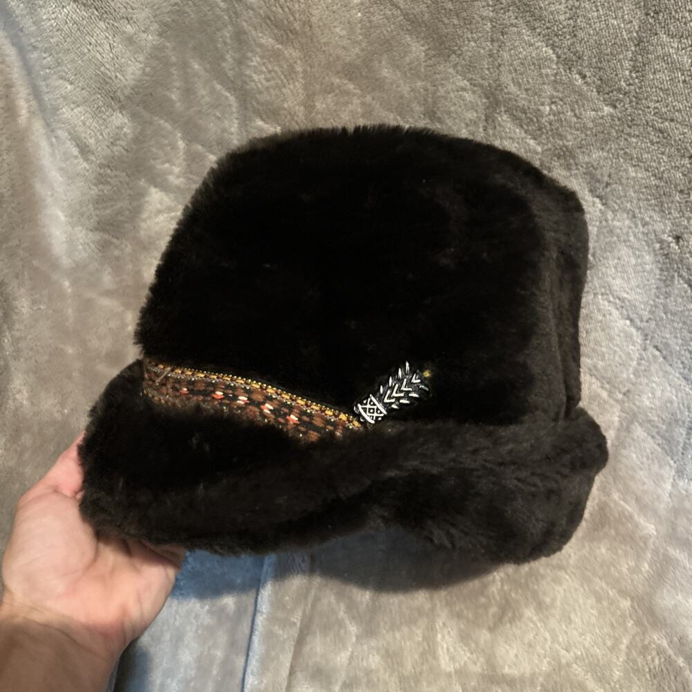 Vintage 50/60Faux Fur Hat with Embroidered Band Union Made In The Usa Size Large